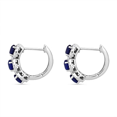 D'Joy Tanzanian Blue Spinel (DF) and Moissanite 3.90 ctw Hoop Earrings in Rhodium Over Sterling Silver