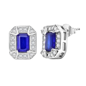Tanzanian Blue Spinel (DF) and White Zircon 1.70 ctw Art Deco Earrings in Rhodium Over Sterling Silver