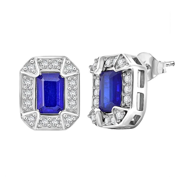 Tanzanian Blue Spinel (DF) and White Zircon 1.70 ctw Art Deco Earrings in Rhodium Over Sterling Silver
