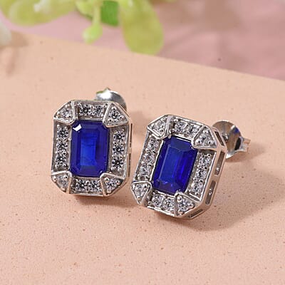 Tanzanian Blue Spinel (DF) and White Zircon 1.70 ctw Art Deco Earrings in Rhodium Over Sterling Silver