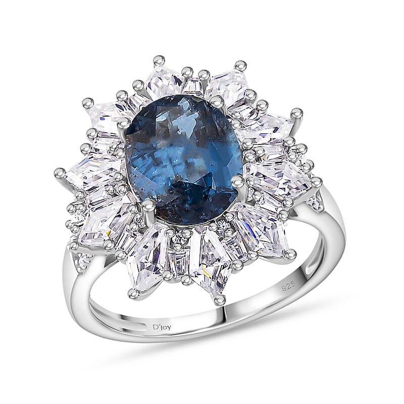 D'Joy Indigo Kyanite and Moissanite 5.50 ctw  Starlight Halo Ring in Rhodium Over Sterling Silver (Size 6.0)