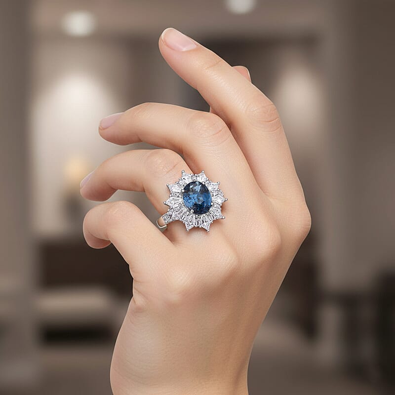 D'Joy Indigo Kyanite and Moissanite 5.50 ctw  Starlight Halo Ring in Rhodium Over Sterling Silver (Size 6.0)