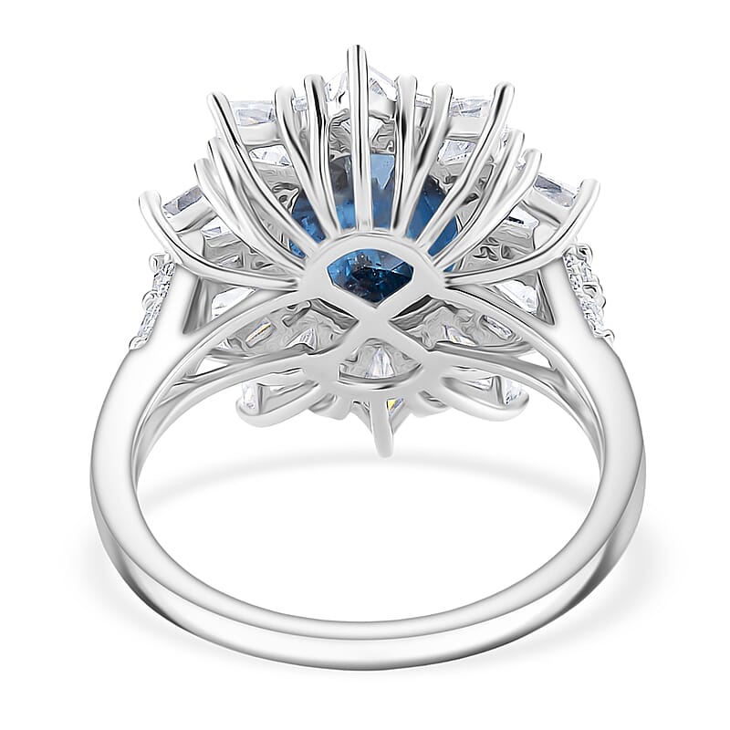 D'Joy Indigo Kyanite and Moissanite 5.50 ctw  Starlight Halo Ring in Rhodium Over Sterling Silver (Size 6.0)