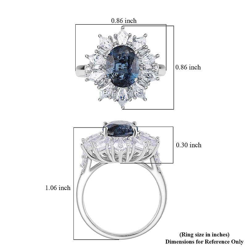D'Joy Indigo Kyanite and Moissanite 5.50 ctw  Starlight Halo Ring in Rhodium Over Sterling Silver (Size 6.0)