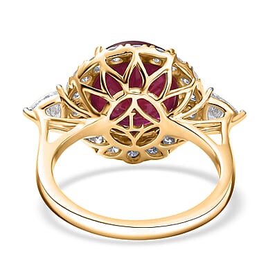 AAA Niassa Ruby and Luxuriant Lab Grown E-F VS Diamond 8.98 ctw Ring in 10K Yellow Gold (Size 10.0)