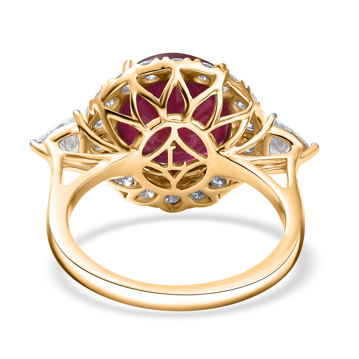AAA Niassa Ruby and Luxuriant Lab Grown E-F VS Diamond 8.98 ctw Ring in 10K Yellow Gold (Size 7.0) image number 3