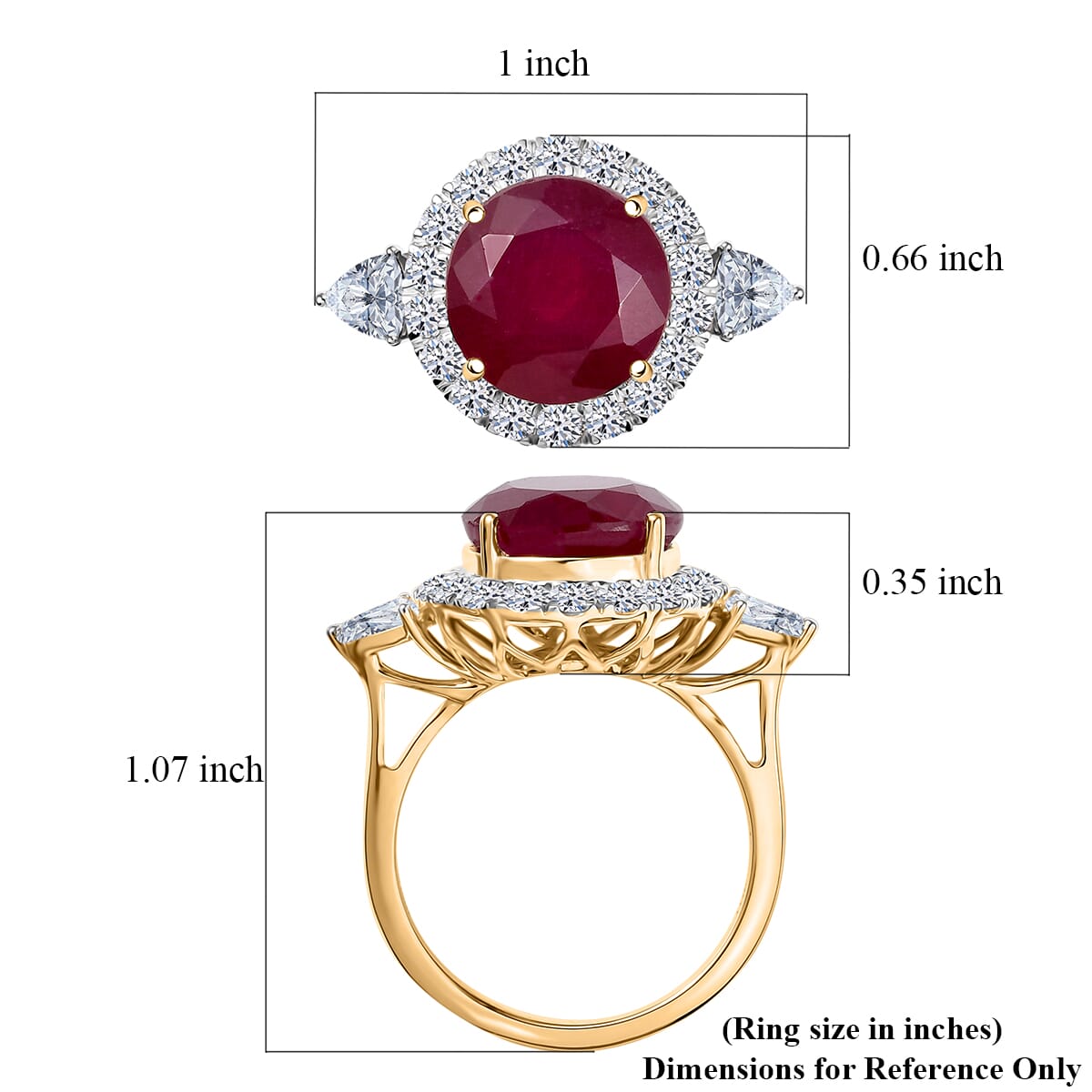 AAA Niassa Ruby and Luxuriant Lab Grown E-F VS Diamond 8.98 ctw Ring in 10K Yellow Gold (Size 7.0) image number 4
