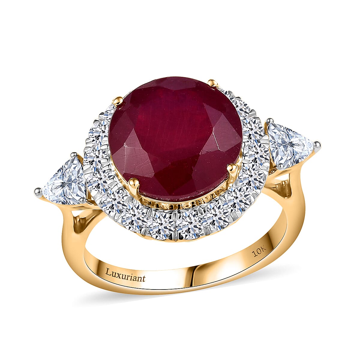 AAA Niassa Ruby and Luxuriant Lab Grown E-F VS Diamond 8.98 ctw Ring in 10K Yellow Gold (Size 8.0) image number 0