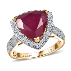 AAA Niassa Ruby and E-F VS Luxuriant Lab Grown Diamond 7.30 ctw Ring in 10K Yellow Gold (Size 6.0)