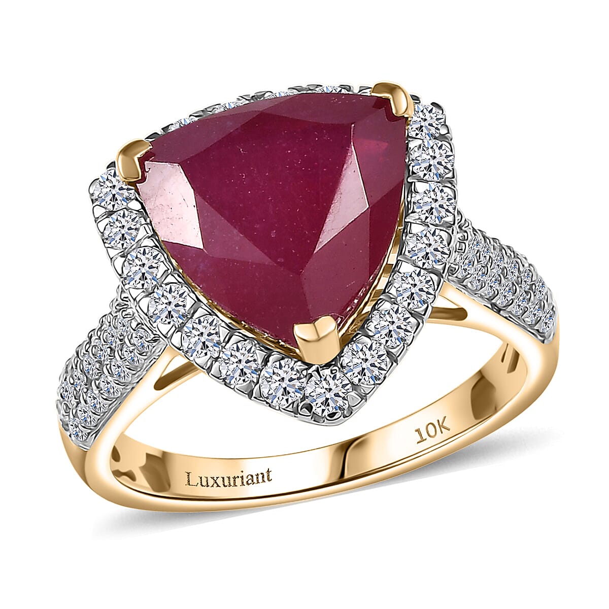 AAA Niassa Ruby and E-F VS Luxuriant Lab Grown Diamond 7.30 ctw Ring in 10K Yellow Gold (Size 7.0) image number 0