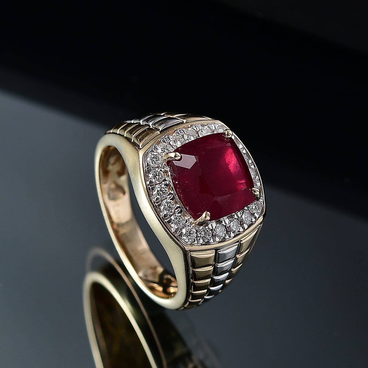 10K Yellow Gold AAA Niassa Ruby (FF), Luxuriant Lab Grown Diamond (E-F, VS) Men's Ring (Size 10.0) 6.03 ctw image number 1