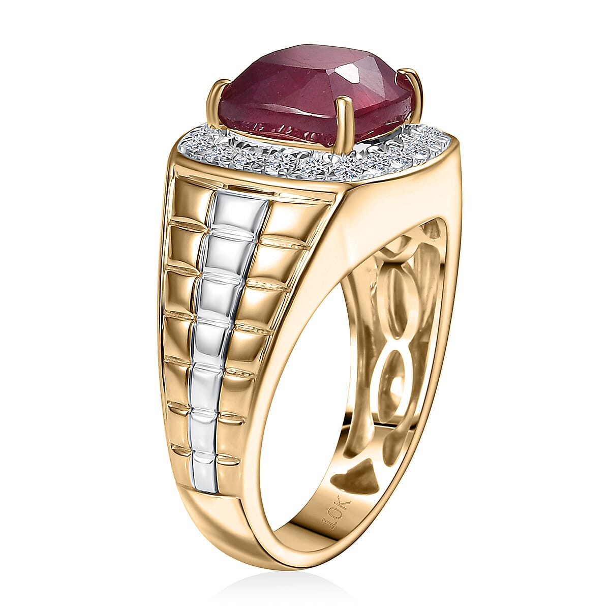 10K Yellow Gold AAA Niassa Ruby (FF), Luxuriant Lab Grown Diamond (E-F, VS) Men's Ring (Size 10.0) 6.03 ctw image number 3