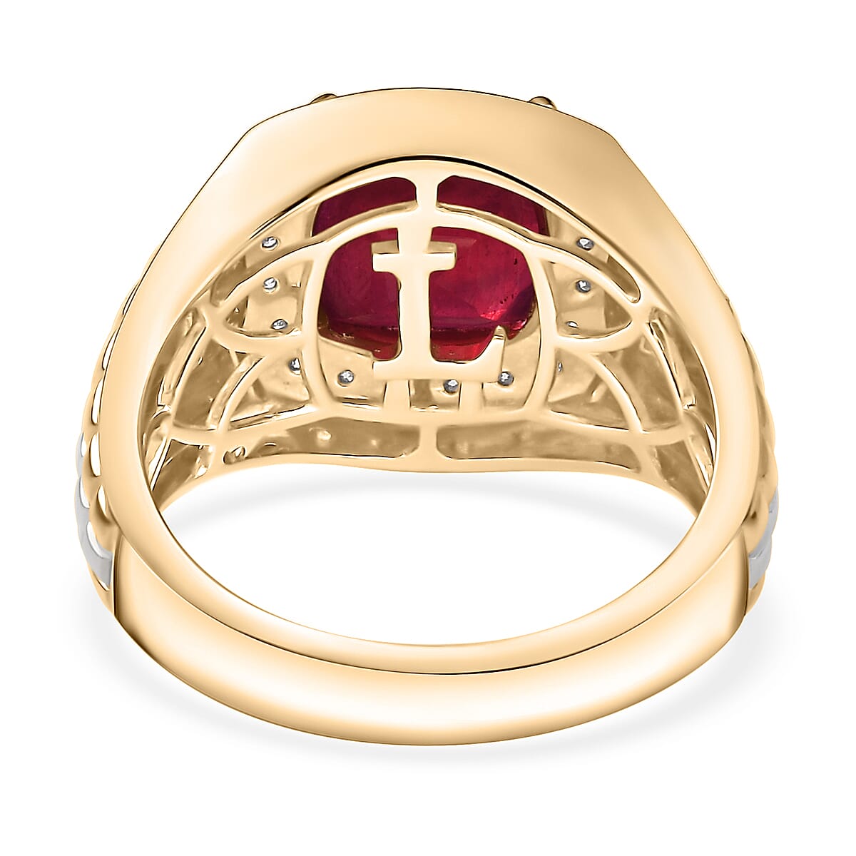 10K Yellow Gold AAA Niassa Ruby (FF), Luxuriant Lab Grown Diamond (E-F, VS) Men's Ring (Size 10.0) 6.03 ctw image number 4