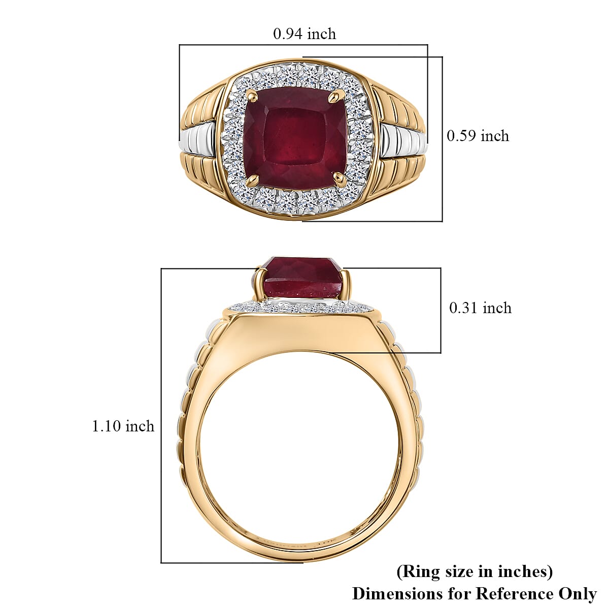 10K Yellow Gold AAA Niassa Ruby (FF), Luxuriant Lab Grown Diamond (E-F, VS) Men's Ring (Size 10.0) 6.03 ctw
