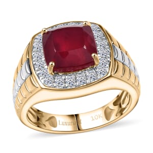 10K Yellow Gold AAA Niassa Ruby (FF), Luxuriant Lab Grown Diamond (E-F, VS) Men's Ring (Size 8.0) 6.03 ctw