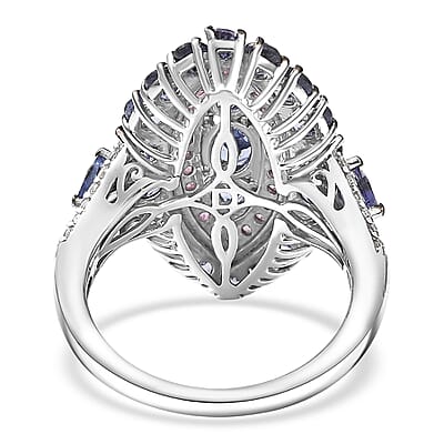 D'Joy Tanzanite and Multi Gemstone 4.15 ctw Regal Marquise Crown Ring in Rhodium Over Sterling (Size 10.0)