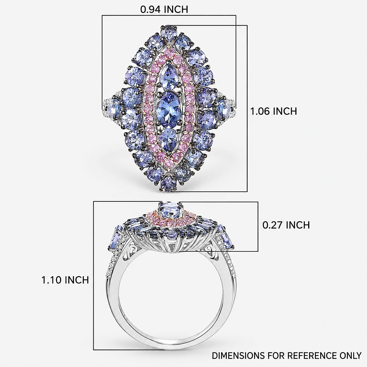 D'Joy Tanzanite and Multi Gemstone 4.15 ctw Regal Marquise Crown Ring in Rhodium Over Sterling Silver (Size 10.0)