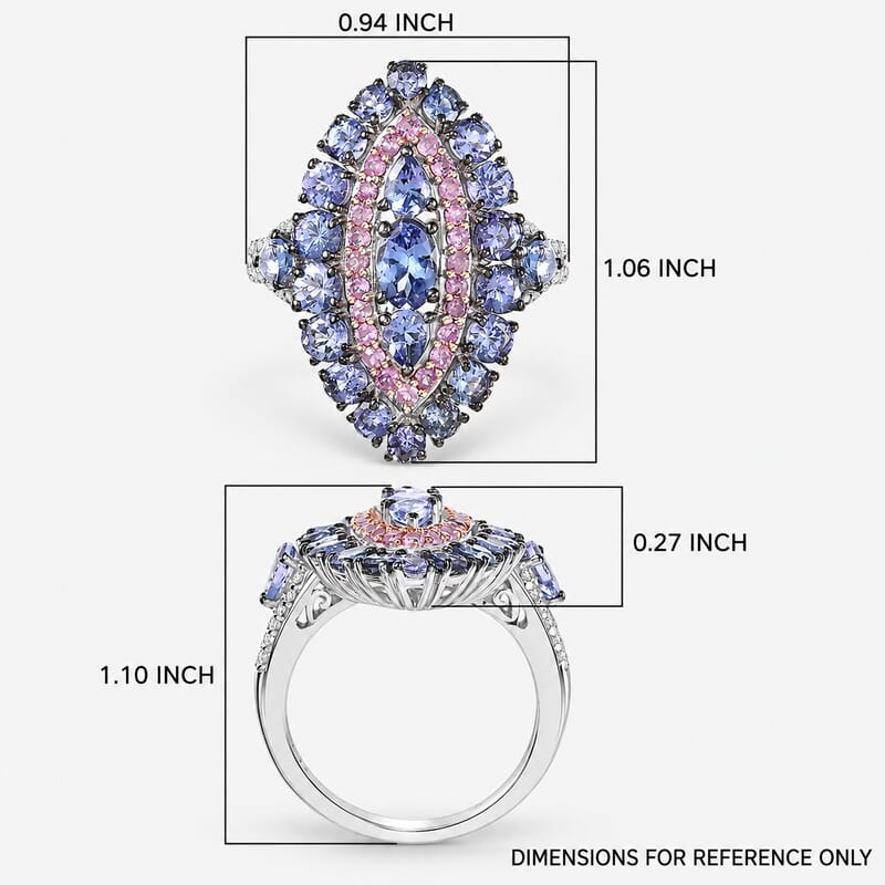 D'Joy Tanzanite and Multi Gemstone 4.15 ctw Regal Marquise Crown Ring in Rhodium Over Sterling Silver (Size 10.0)