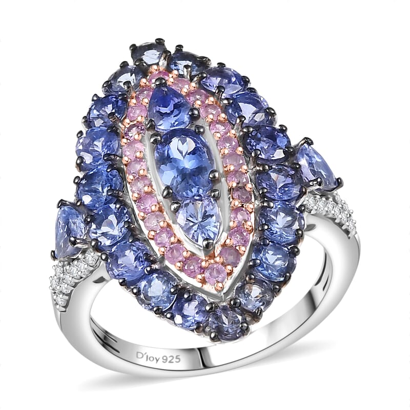 D'Joy Tanzanite and Multi Gemstone 4.15 ctw Regal Marquise Crown Ring in Rhodium Over Sterling (Size 5.0)