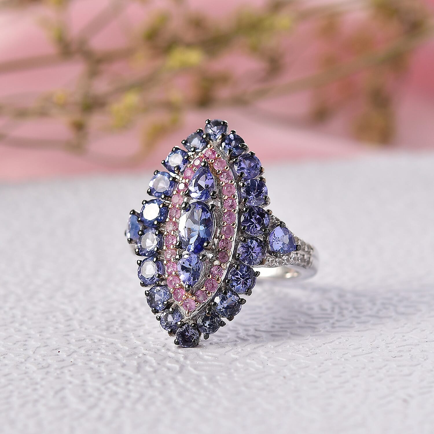 D'Joy Tanzanite and Multi Gemstone 4.15 ctw Regal Marquise Crown Ring in Rhodium Over Sterling (Size 5.0)