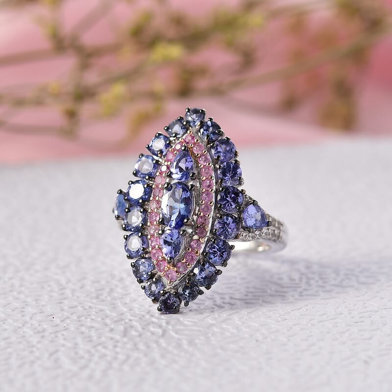 D'Joy Tanzanite and Multi Gemstone 4.15 ctw Regal Marquise Crown Ring in Rhodium Over Sterling (Size 5.0)