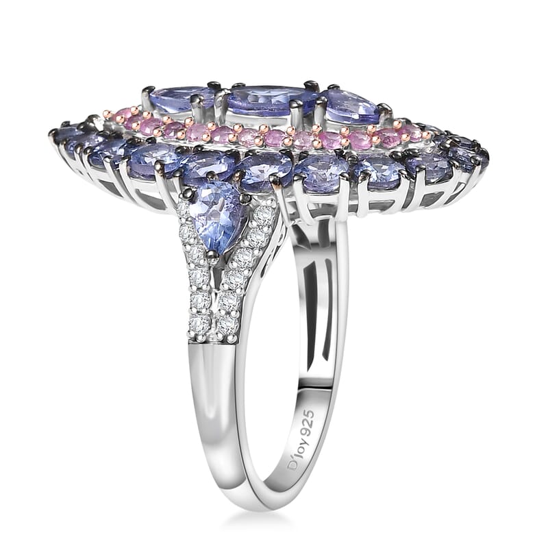 D'Joy Tanzanite and Multi Gemstone 4.15 ctw Regal Marquise Crown Ring in Rhodium Over Sterling (Size 5.0)