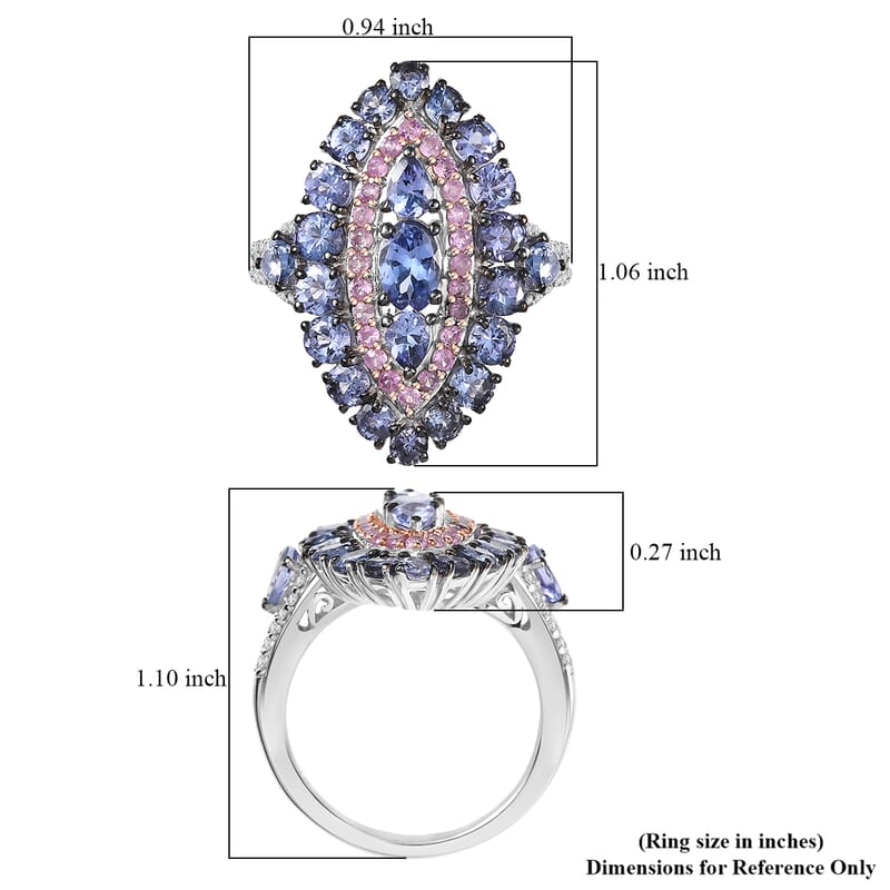 D'Joy Tanzanite and Multi Gemstone 4.15 ctw Regal Marquise Crown Ring in Rhodium Over Sterling (Size 5.0)