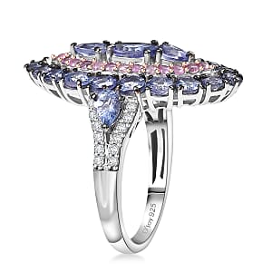 D'Joy Tanzanite and Multi Gemstone 4.15 ctw Regal Marquise Crown Ring in Rhodium Over Sterling (Size 8.0)