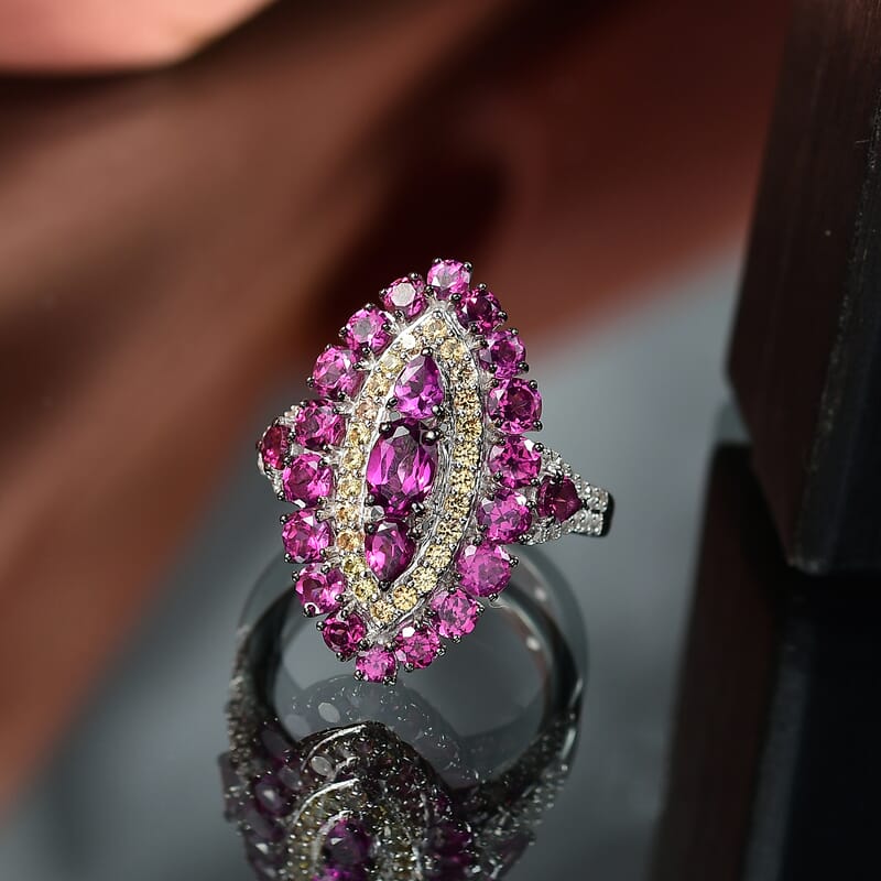 D'Joy Radiant Ember Garnet and Multi Gemstone 4.75 ctw Regal Marquise Crown Ring in Rhodium Over Sterling Silver (Size 10.0)