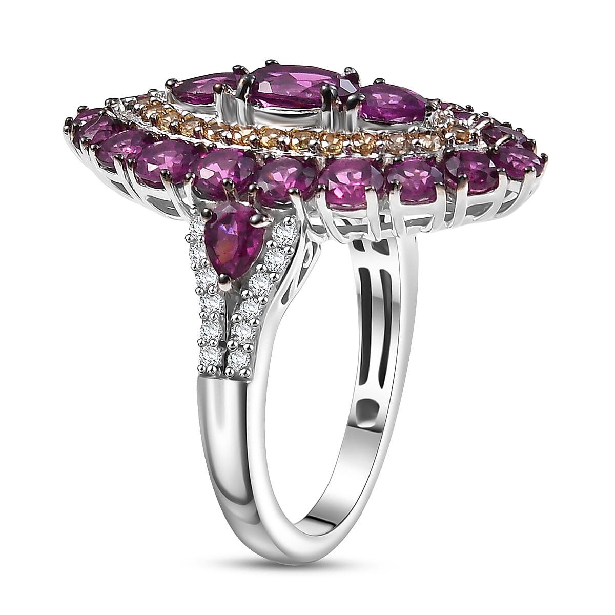 D'Joy Radiant Ember Garnet and Multi Gemstone 4.75 ctw Regal Marquise Crown Ring in Rhodium Over Sterling Silver (Size 10.0)