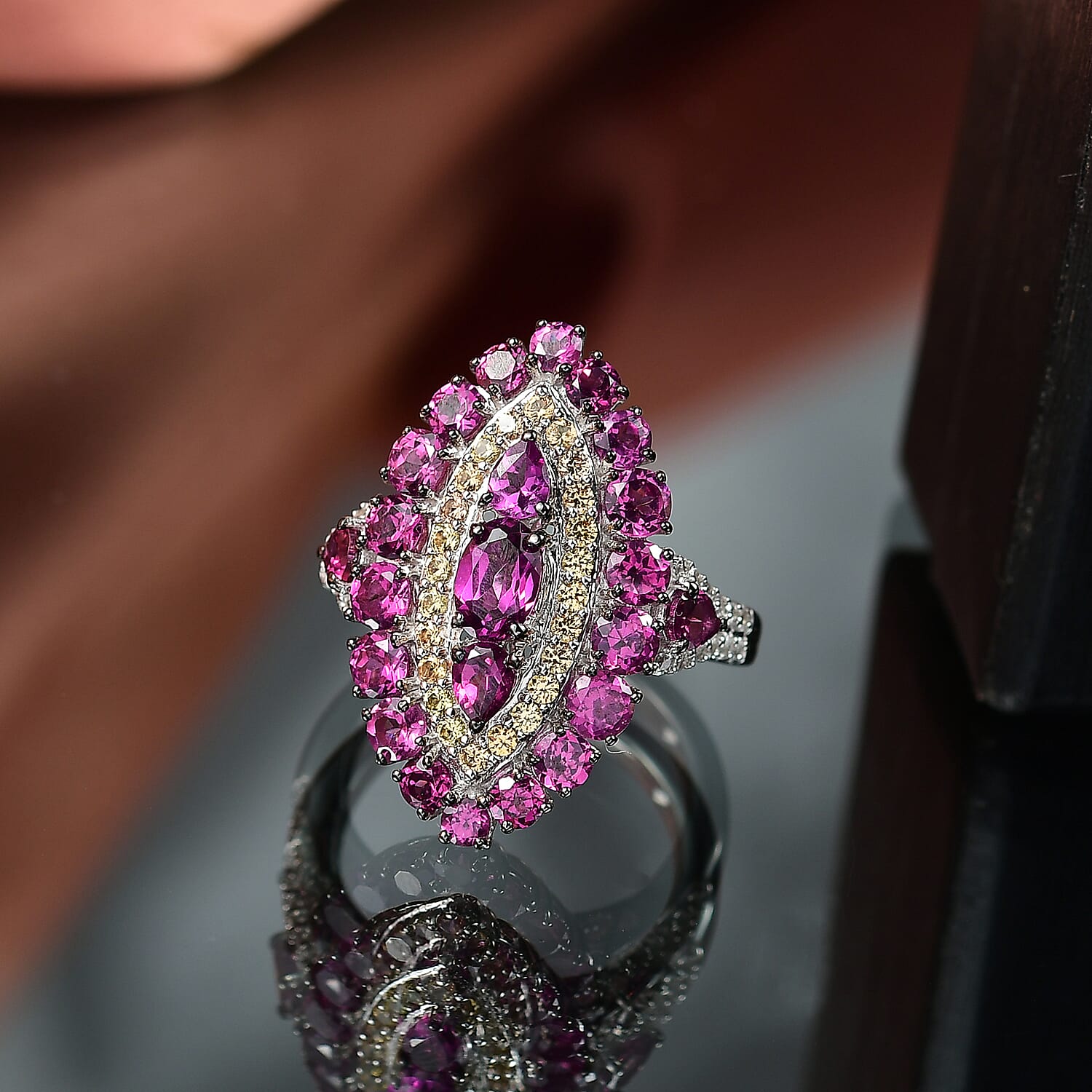 D'Joy Radiant Ember Garnet and Multi Gemstone 4.75 ctw Regal Marquise Crown Ring in Rhodium Over Sterling Silver (Size 7.0)