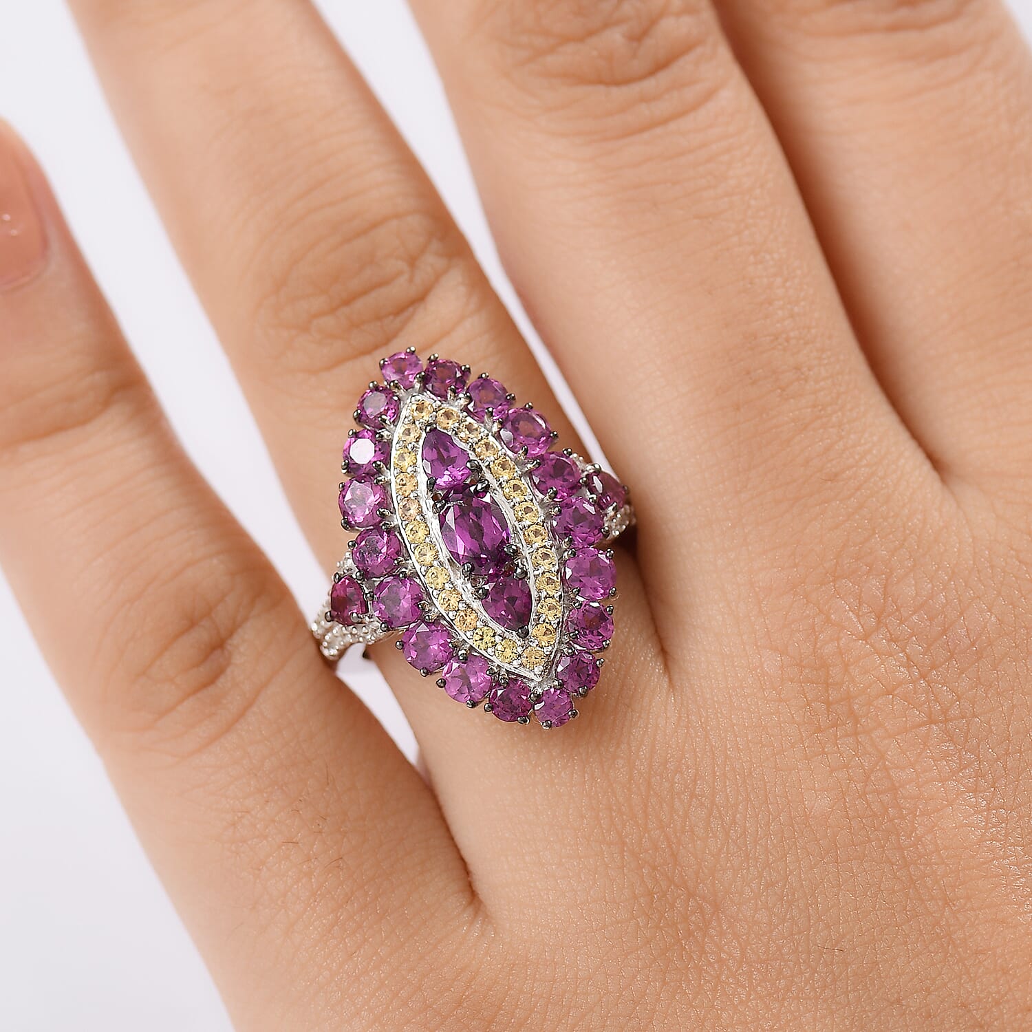 D'Joy Radiant Ember Garnet and Multi Gemstone 4.75 ctw Regal Marquise Crown Ring in Rhodium Over Sterling Silver (Size 7.0)