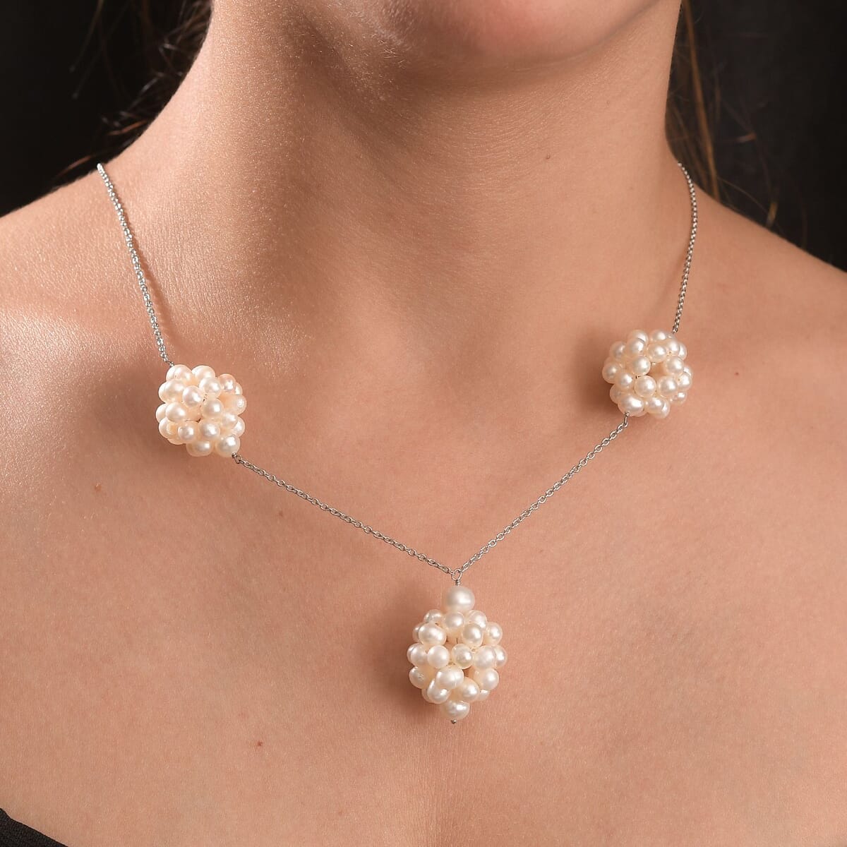 White Freshwater Pearl Necklace in Rhodium Over Sterling Silver 20 Inches image number 2