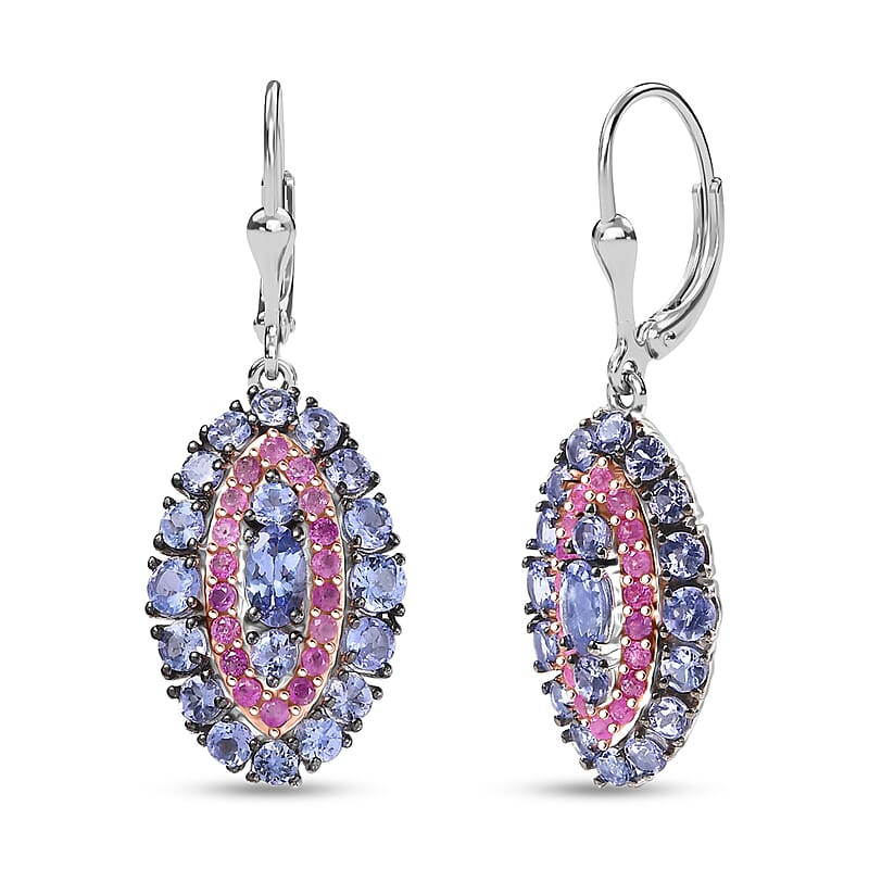 D'Joy Tanzanite and Pink Sapphire 3.75 ctw Regal Marquise Crown Earrings in Rhodium Over Sterling Silver
