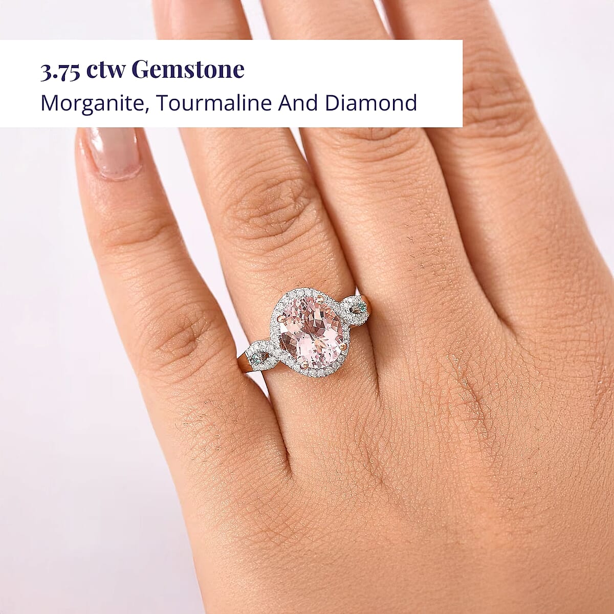Luxoro 14K Rose Gold AAA Pink Morganite, Paraiba Tourmaline and Diamond (G-H, I2) (0.34 cts) Ring (Size 10.0) 3.90 ctw image number 1