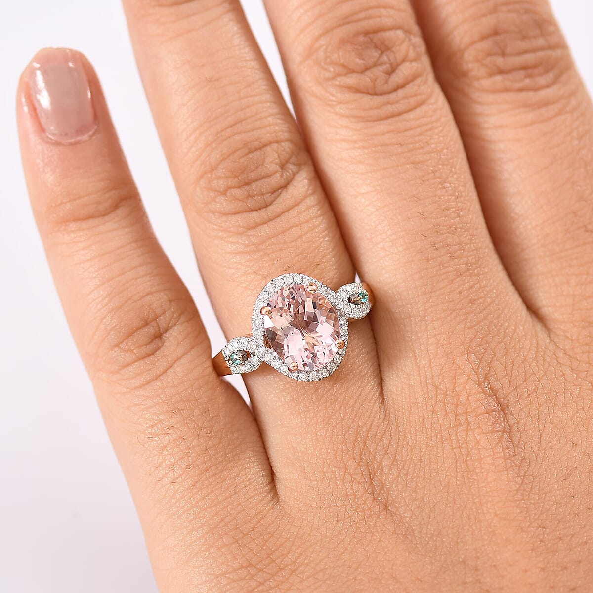 Luxoro 14K Rose Gold AAA Pink Morganite, Paraiba Tourmaline and Diamond (G-H, I2) (0.34 cts) Ring (Size 6.5) 3.90 ctw image number 2