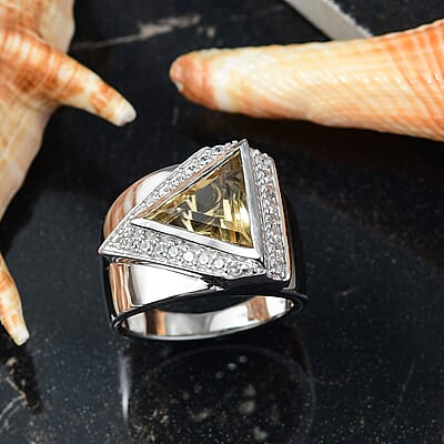 D'Joy Brazilian Citrine and White Zircon 4.90 ctw Men's Ring in Rhodium Over Sterling Silver (Size 10.0)