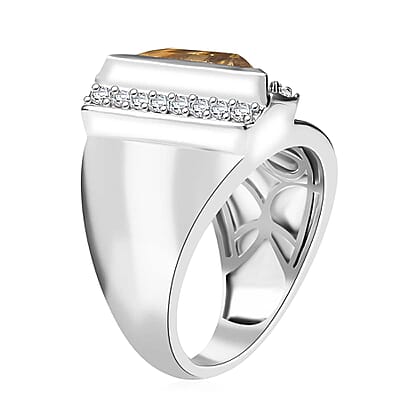 D'Joy Brazilian Citrine and White Zircon 4.90 ctw Men's Ring in Rhodium Over Sterling Silver (Size 10.0)