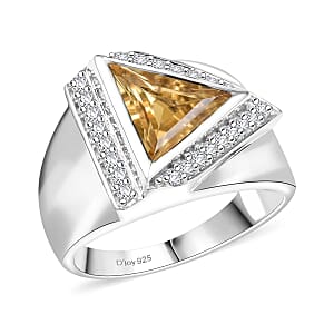 D'Joy Brazilian Citrine and White Zircon 4.90 ctw Men's Ring in Rhodium Over Sterling Silver (Size 12.0)
