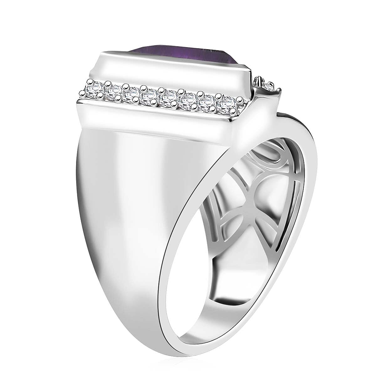 D'Joy Premium African Amethyst and White Zircon 5.00  tw Men's Ring in Rhodium Over Sterling Silver (Size 10.0) image number 3