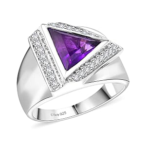 D'Joy Premium African Amethyst and White Zircon 5.00  tw Men's Ring in Rhodium Over Sterling Silver (Size 11.0)
