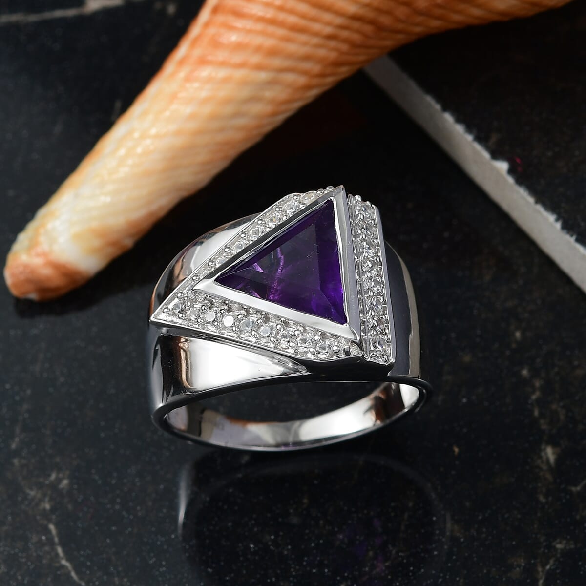 D'Joy Premium African Amethyst and White Zircon 5.00  tw Men's Ring in Rhodium Over Sterling Silver (Size 9.0) image number 1