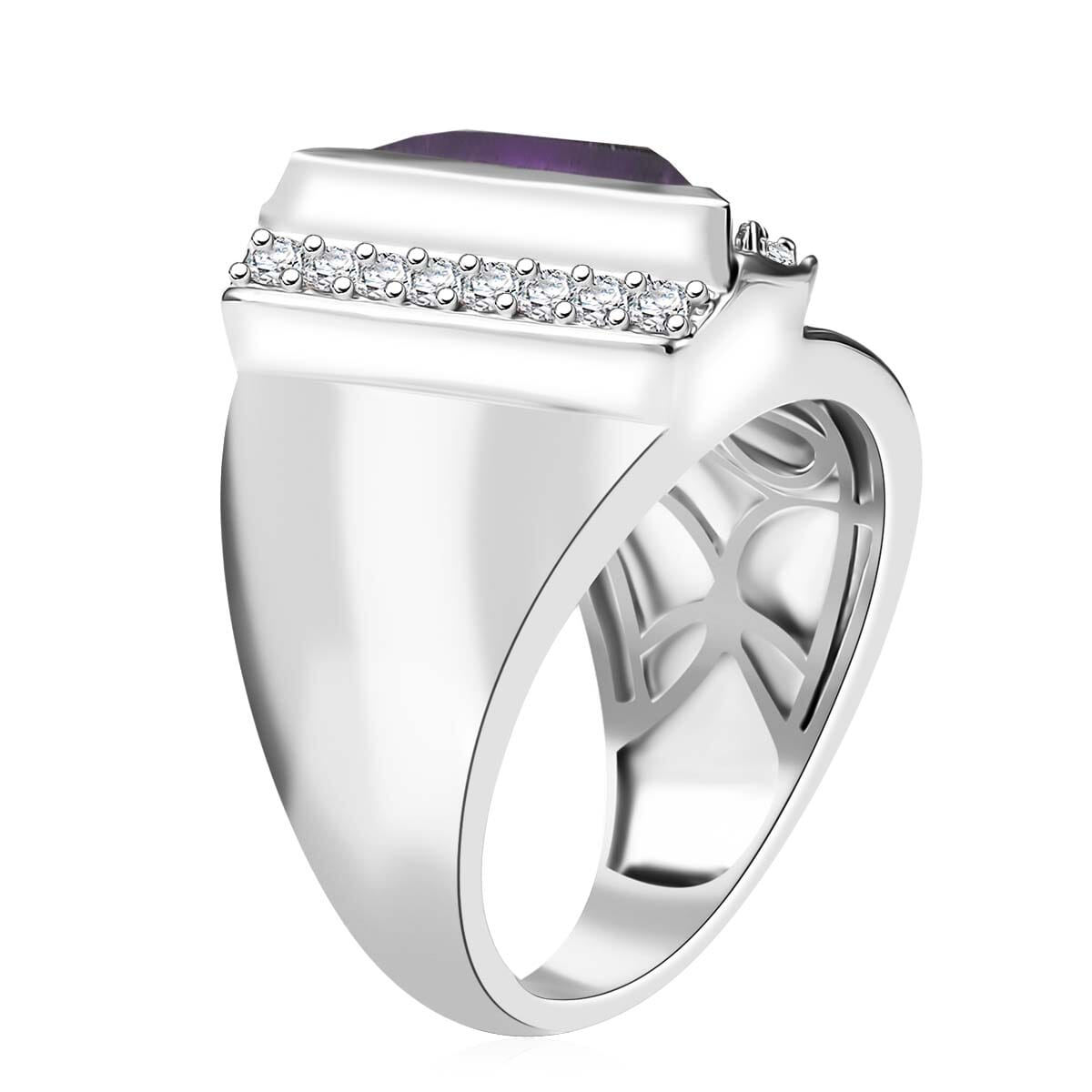 D'Joy Premium African Amethyst and White Zircon 5.00  tw Men's Ring in Rhodium Over Sterling Silver (Size 9.0) image number 3