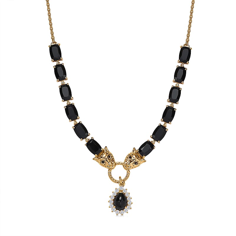 Karis Thai Black Spinel and White Zircon 16.50 ctw Panther Necklace 18 Inches in 18K YG Plated