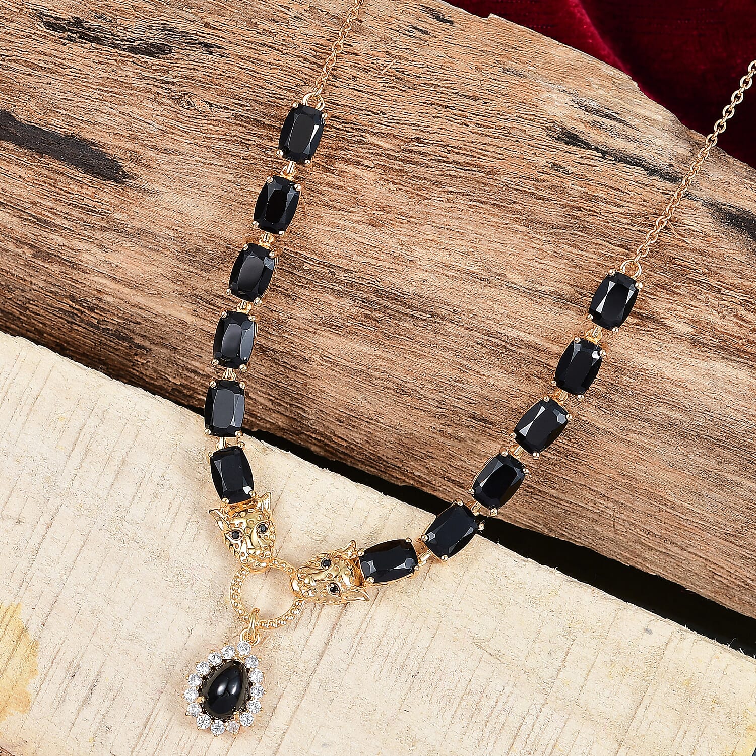 Karis Thai Black Spinel and White Zircon 16.50 ctw Panther Necklace 18 Inches in 18K YG Plated