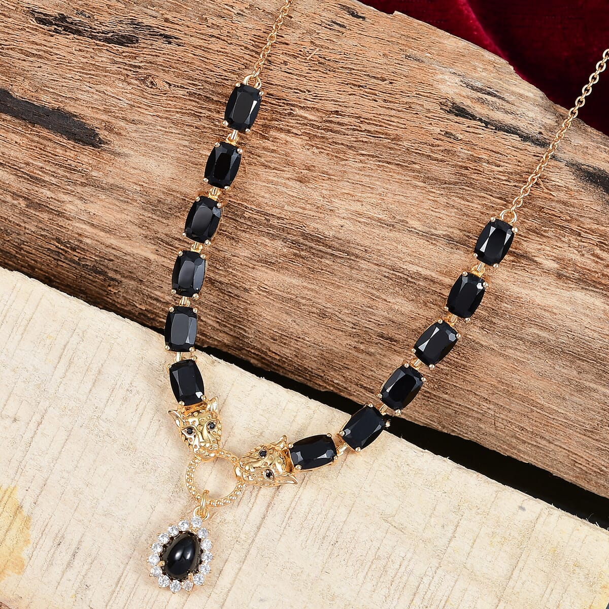 Karis Thai Black Spinel and White Zircon 16.50 ctw Panther Necklace 18 Inches in 18K YG Plated image number 1