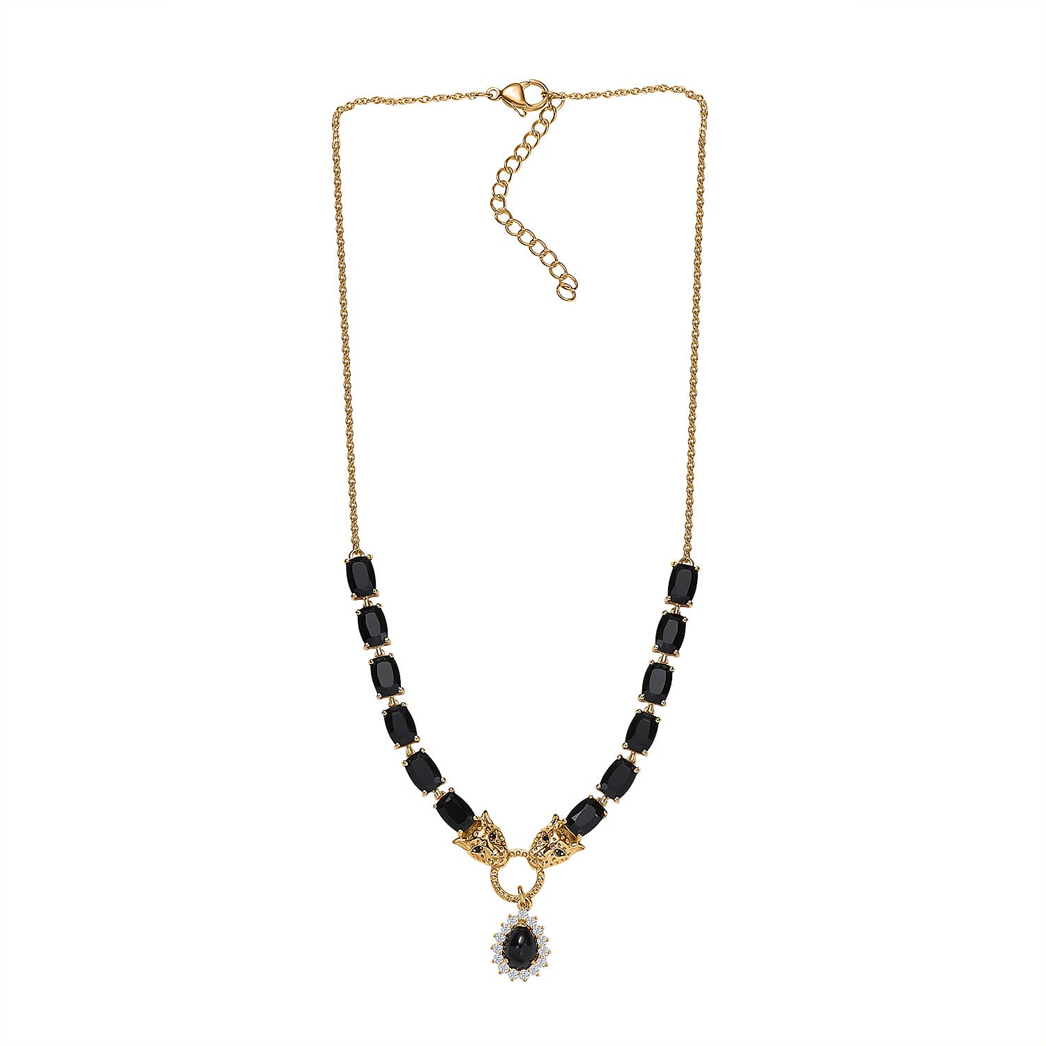 Karis Thai Black Spinel and White Zircon 16.50 ctw Panther Necklace 18 Inches in 18K YG Plated