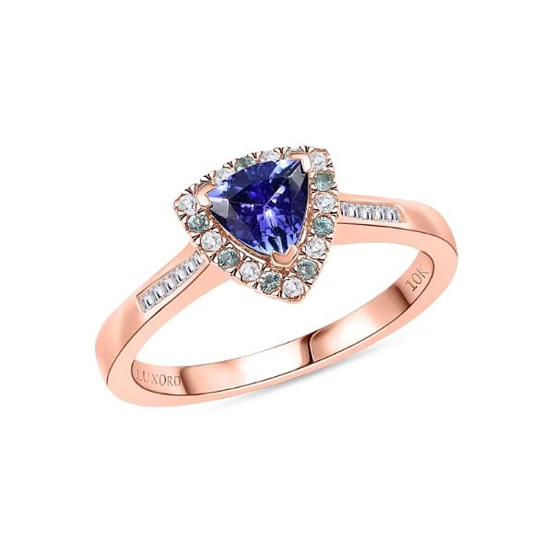 Luxoro Premium Tanzanite, Paraiba Tourmaline, I2 Natural Pink and White Diamond 1.00 ctw Atlantis Crown Ring in 10K Rose Gold (Size 10.0)