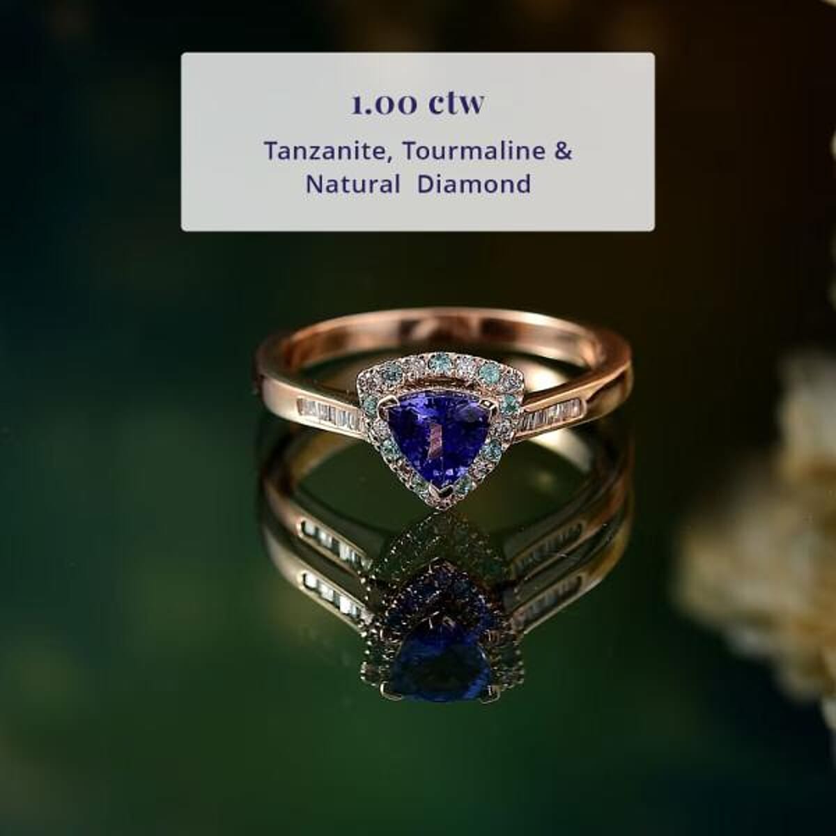Luxoro Premium Tanzanite, Paraiba Tourmaline, I2 Natural Pink and White Diamond 1.00 ctw Atlantis Crown Ring in 10K Rose Gold (Size 6.0) image number 2