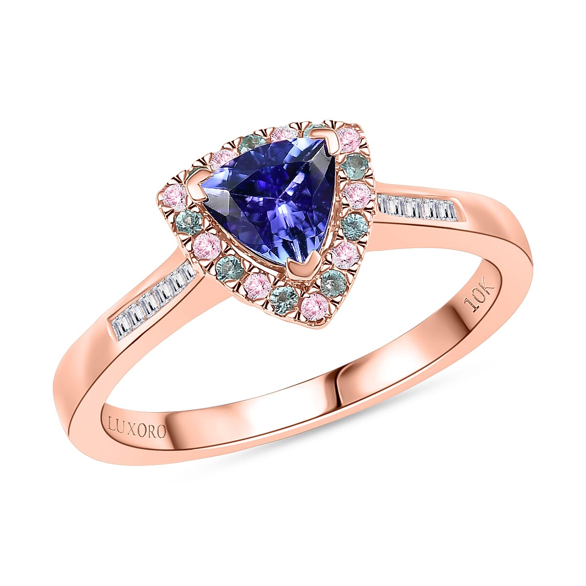 Luxoro Premium Tanzanite, Paraiba Tourmaline, I2 Natural Pink and White Diamond 1.00 ctw Atlantis Crown Ring in 10K Rose Gold (Size 7.0) image number 0